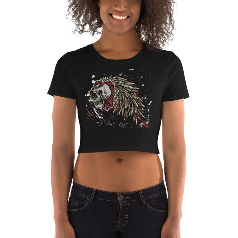 Polynesian Skull With Roses Crop Top T-shirt Model