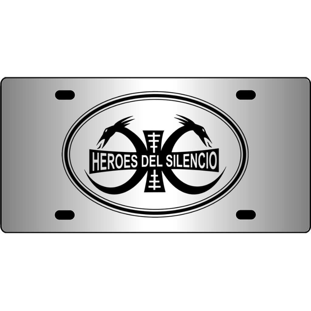 https://www.thriftysigns.com/wp-content/uploads/2023/10/Heroes-Del-Silencio-Mirror-License-Plate.jpg
